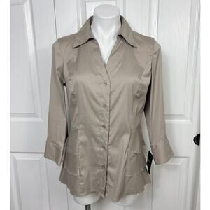Alfani Taupe Button Front Cotton Blend Tunic Blouse Stretch Sz 10 NWT 3/4 Sleeve